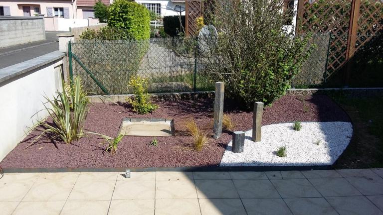 Massifs de plantes vivaces avec décoration minérale