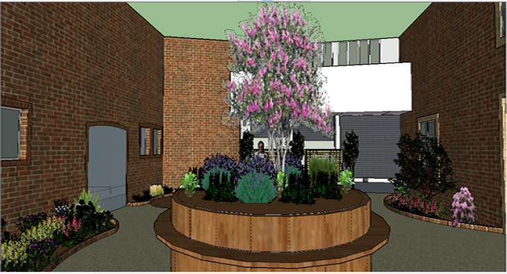 Visualisation 3D pour l'aménagement d'un patio avec banc central
