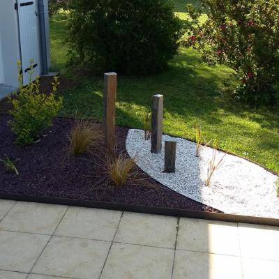 Massifs de plantes vivaces avec décoration minérale